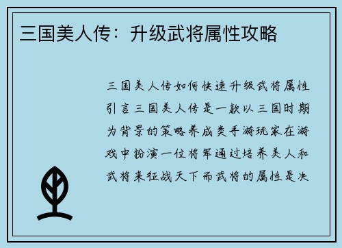 三国美人传：升级武将属性攻略